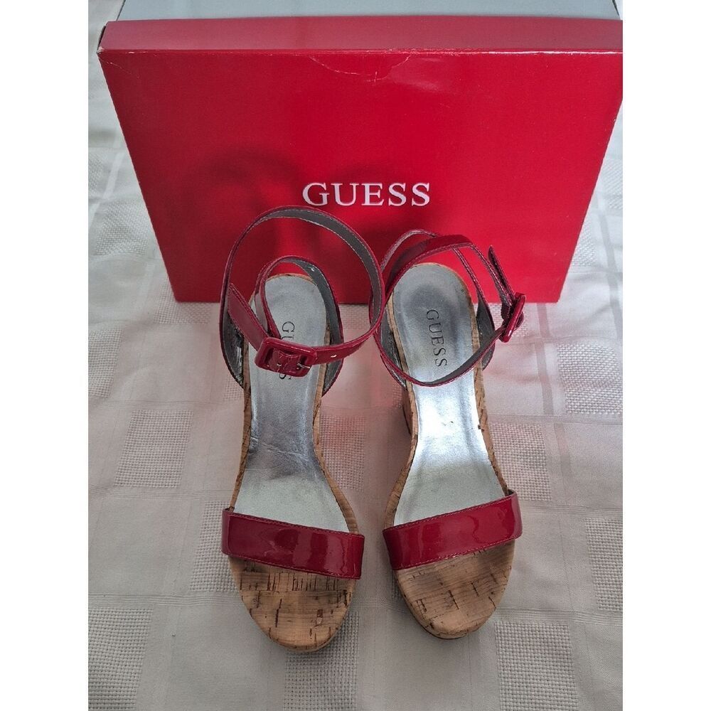 GUESS Red Patent Leather Cork Wedge Sandals